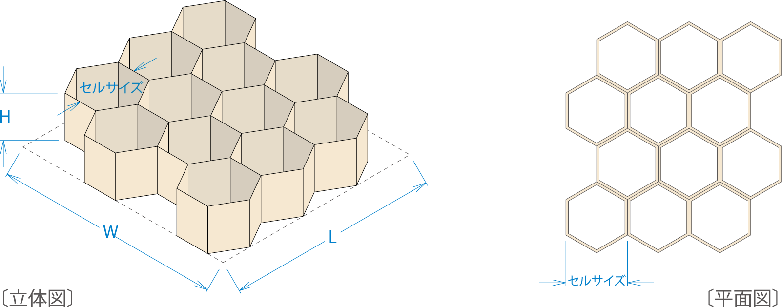 ペーパーハニカムの構造について解説する立体図と平面図。
